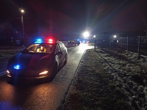 Na drodze stoi radiowóz policyjny z włączonymi światłami błyskowymi koloru niebieskiego i czerwonego. W tle widać uszkodzone pojazdy.