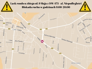 Mapa planowanej blokady ruchu drogowego, Łask aleja Niepodległości - rondo u zbiegu ulicy 9 Maja i drogi wojewódzkiej 473.