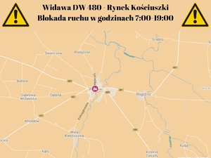 Mapa planowanej blokady ruchu drogowego, Widawa Rynek Kościuszki. Blokada ruchu w godzinach 7-19.