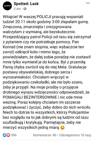 Zdjęciu znajduje się tekst podziękowań, które zostały umieszczone na portalu społecznościowym. Treść została zacytowana w artykule głównym.