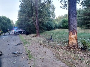Miejsce zdarzenia drogowego, uszkodzone drzewo. W rejonie uszkodzonego pojazdu pracują policjanci i strażacy.