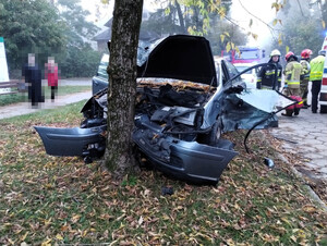 Pojazd marki citreoen uderzył w drzewo, ma uszkodzony przód pojazdu. W tle widać pracujących policjantów i strażaków.