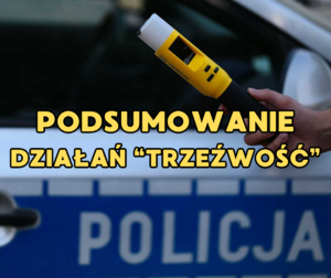 Podsumowanie akcji trzeźwośc. Na tle policyjnego radiowozu osoba trzyma alkomat.