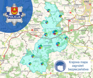 Mapa powiatu łaskiego a na niej zaznaczone zagrożenia z Krajowej Mapy Zagrożeń Bezpieczeństwa.