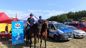 Policyjne konie wraz z konnymi pozują na do zdjęcia, w tle widać poicyjne stoisko promocyjne.