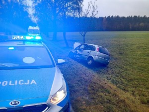 Uszkodzony samochód stoi w rowie. Policyjny radiowóz ma włączone niebieskie światła błyskowe i stoi na drodze.