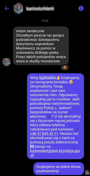 Podziękowania zgłaszającej dla dyżurnego łaskiej policji.