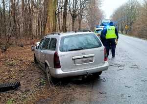 Samochód koloru srebrnego stoi na poboczu drogi. Auto zatrzymało się na drzewie. W tle stoi policjant i policyjny samochód.