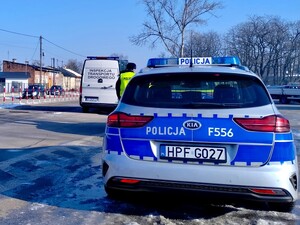 Tył policyjnego radiowozu.