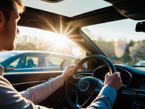 Kierujący siedzi w samochodzie i jest oślepiany przez słońce.