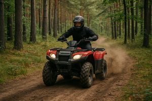 Kierowca quada jedzie przez las.