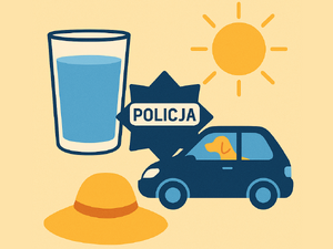 Grafika przedstawia szklankę wody, słońce, kapelusz i auto.