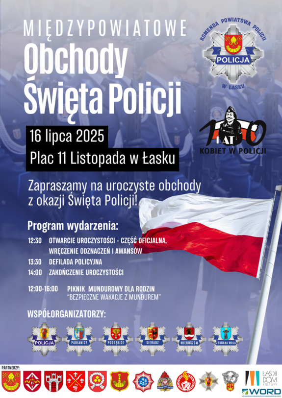 Międzypowiatowe obchody Święta Policj w Łasku - plakat.