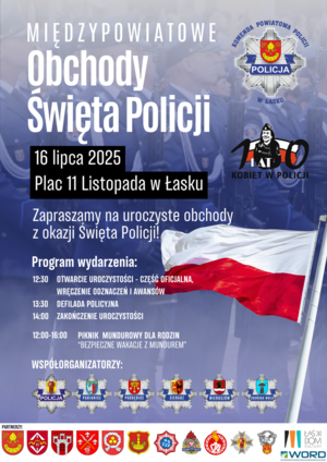 Międzypowiatowe obchody Święta Policj w Łasku - plakat.