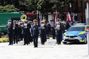 Policjanci na Międzypowiatowych Obchodach Święta Policji w Łasku.