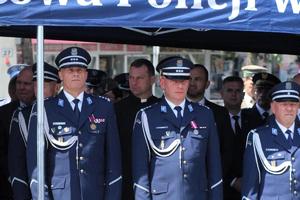 Policjanci na Międzypowiatowych Obchodach Święta Policji w Łasku.