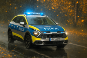 Policyjny radiowóz jedzie w deszczu po drodze.