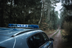 Policyjny radiowóz w lesie.