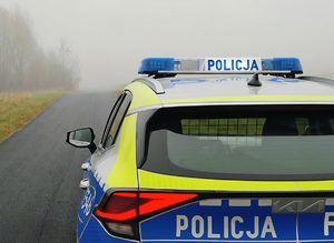 Policyjny radiowóz we mgle.