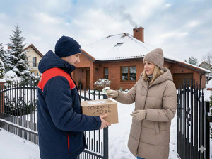 Kurier doręcza przesyłkę kobiecie.