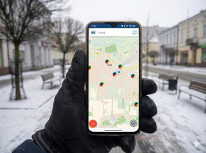 Dłoń trzyma telefon. Na telefonie uruchomiona jest mapa.