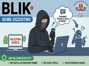 Infografika z napisem BLIK nowe oszustwo.